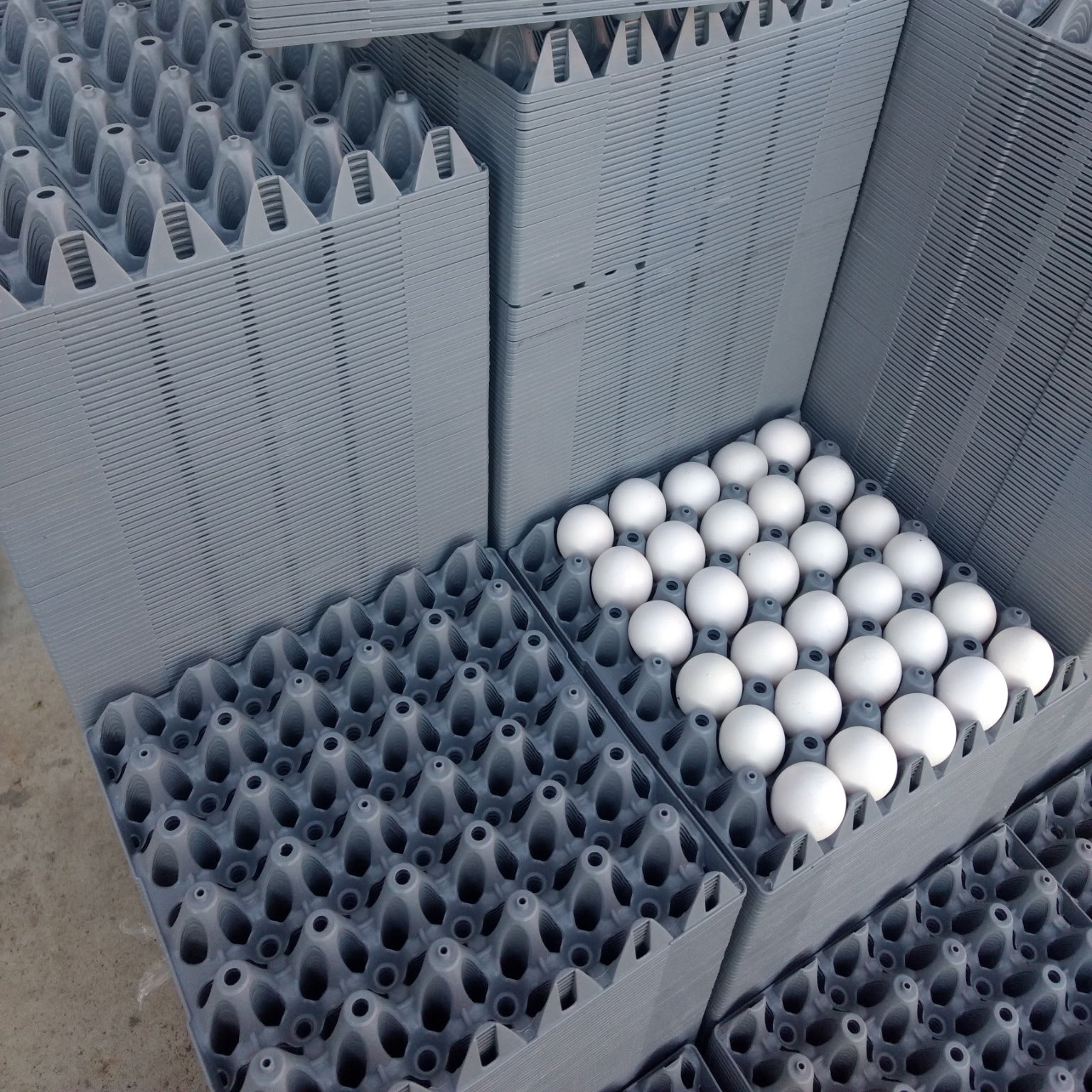 Stacks of gray plastic egg flats on a pallet with white eggs in the top tray